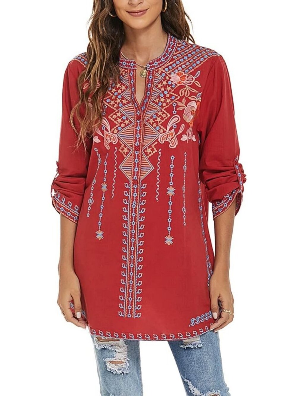Embroidered V-Neck Summer Top | Casual Peasant Tunic Blouse | Loose Fit Women's